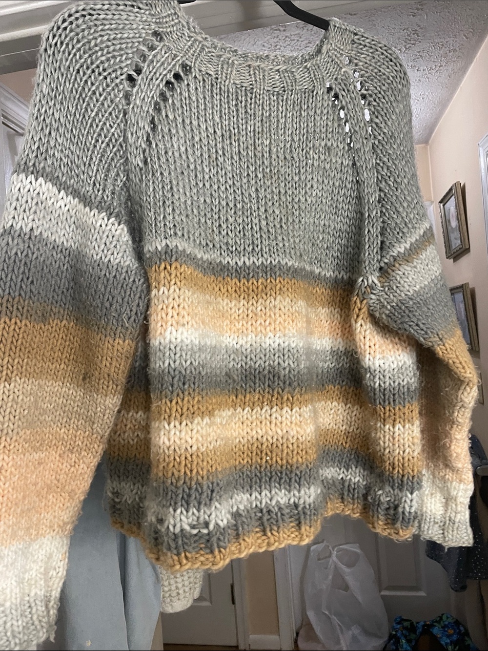Relaxed Striped Crewneck Sweater in Sage, Cream & Mustard